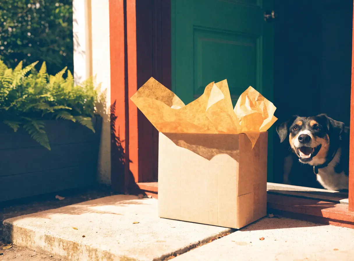 A parcel with marigold tissue at a sunny Australian doorstep, a happy dog beside it